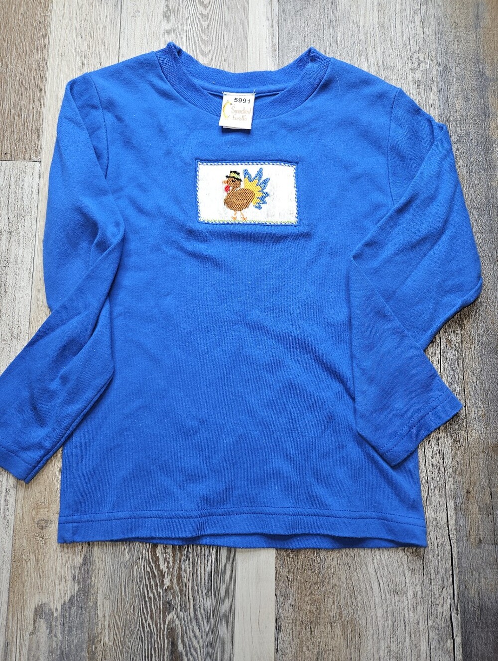 Smocked Giraffe Classic Whimsy Long Sleeve Blue Tee Thanksgiving Turkey Size 5